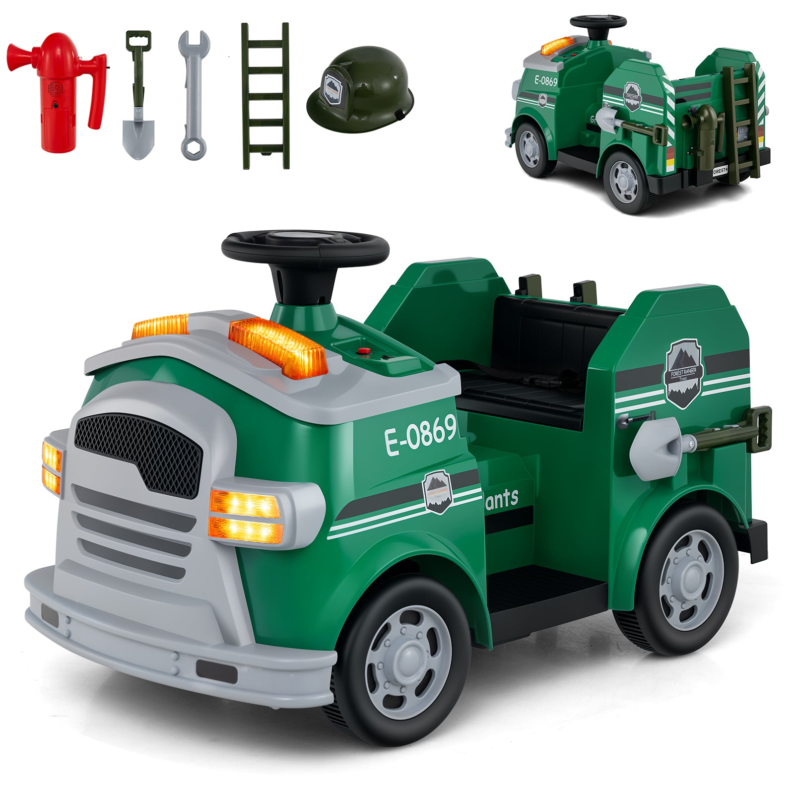 Toy truck with accessories on a white background