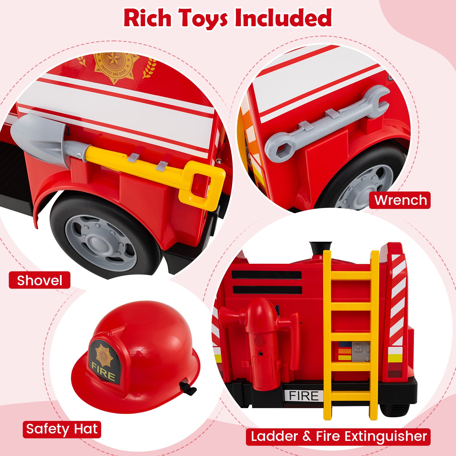 Red toy fire truck with tools like a wrench, shovel, safety hat, ladder, and fire extinguisher on a pink background.