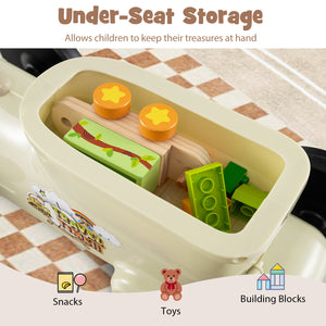 Under-seat storage compartment with toys and snacks, featuring a bear and building blocks.