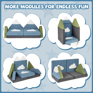 Toy module set with cloud designs on a blue background, promoting 'More Modules for Endless Fun'.