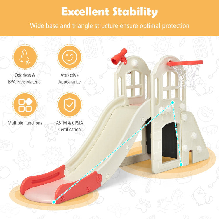 Children's playground slide with text highlighting stability and safety features on a white background.