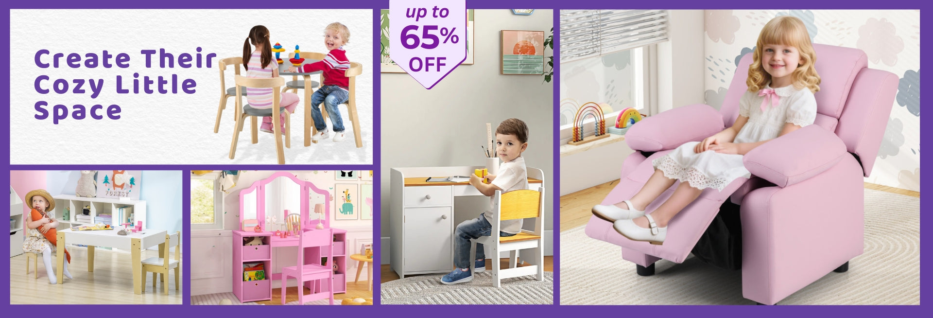 Children's furniture and playroom setup with promotional text overlay.