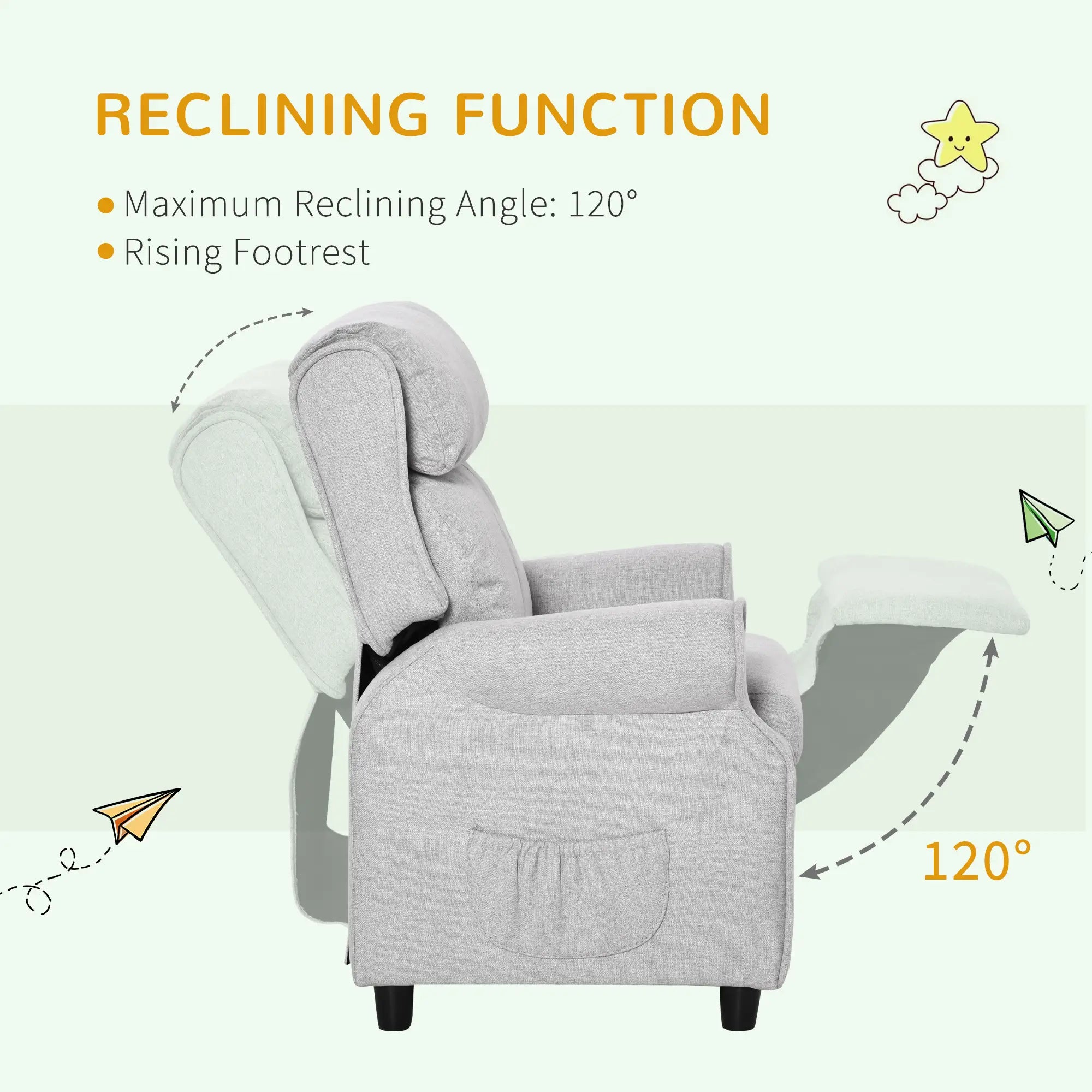 Gray recliner chair with text highlighting reclining function and maximum angle of 120 degrees.