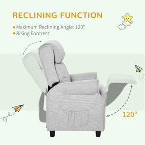 Gray recliner chair with text highlighting reclining function and maximum angle of 120 degrees.