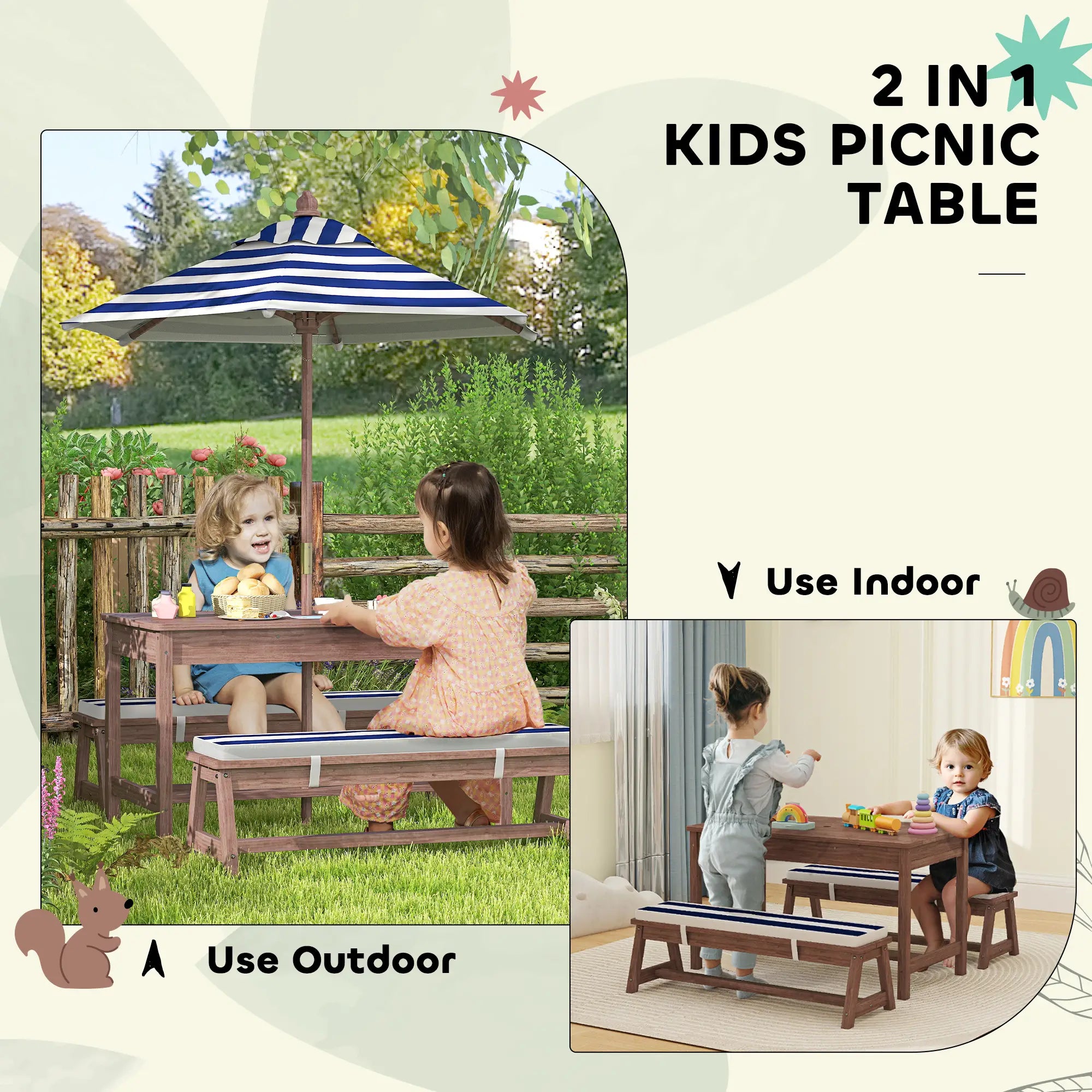 2-in-1 kids picnic table with umbrella used outdoors and indoors.