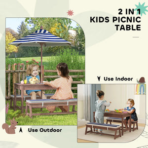 2-in-1 kids picnic table with umbrella used outdoors and indoors.