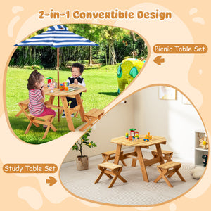 Children playing with a 2-in-1 convertible picnic and study table set in outdoor and indoor settings.