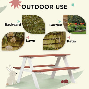 Picnic table with outdoor use scenarios including backyard, garden, lawn, and patio.