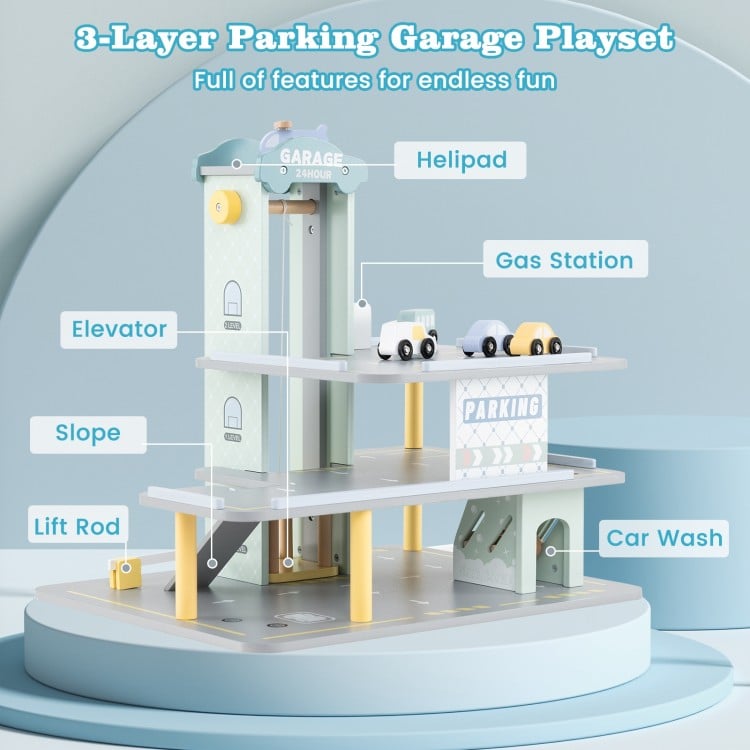 Car wash and gas station features on kids wooden parking garage