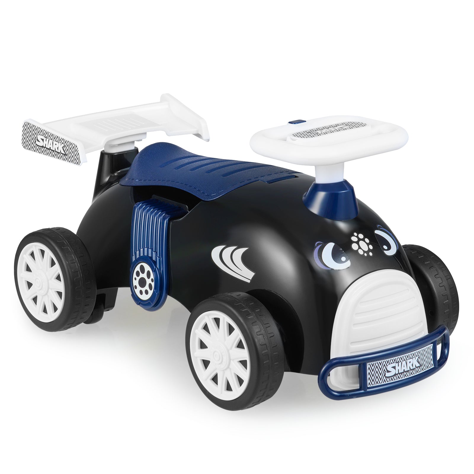 Toy car with shark design on a white background