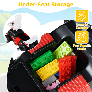 Toy car with under-seat storage compartment containing colorful building blocks, with text indicating benefits.