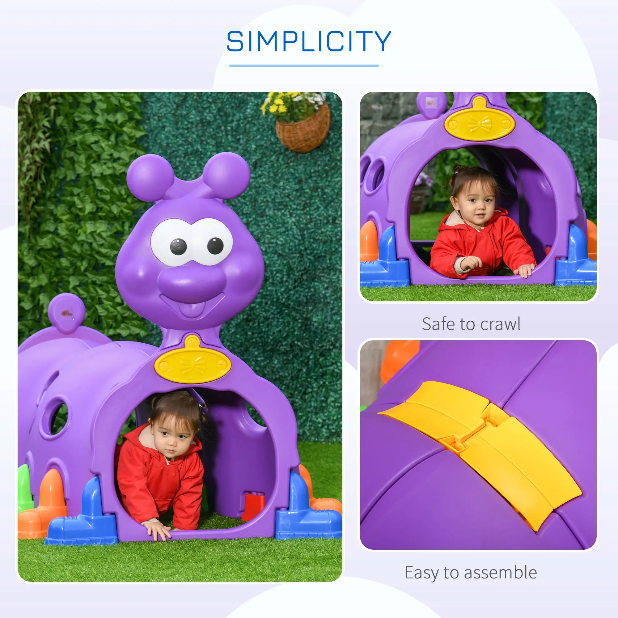 Children's play structure with a purple and yellow design, featuring a child playing inside.