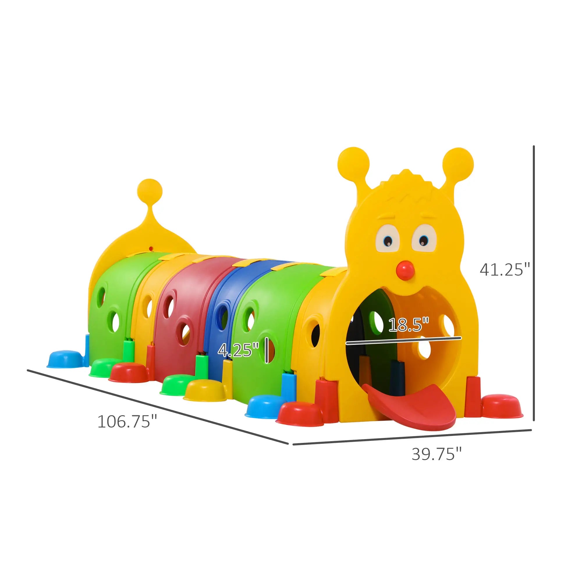 Colorful toy tunnel with measurements on a white background