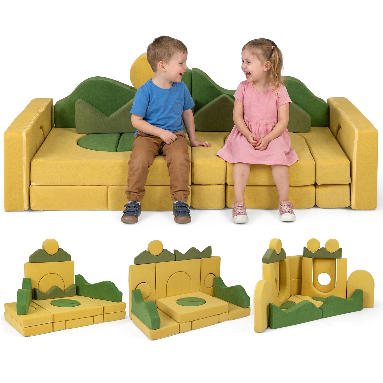 Children sitting on a yellow and green modular play sofa with additional play components.
