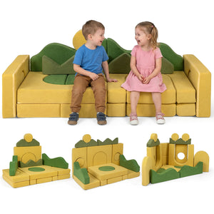 Children sitting on a yellow and green modular play sofa with additional play components.
