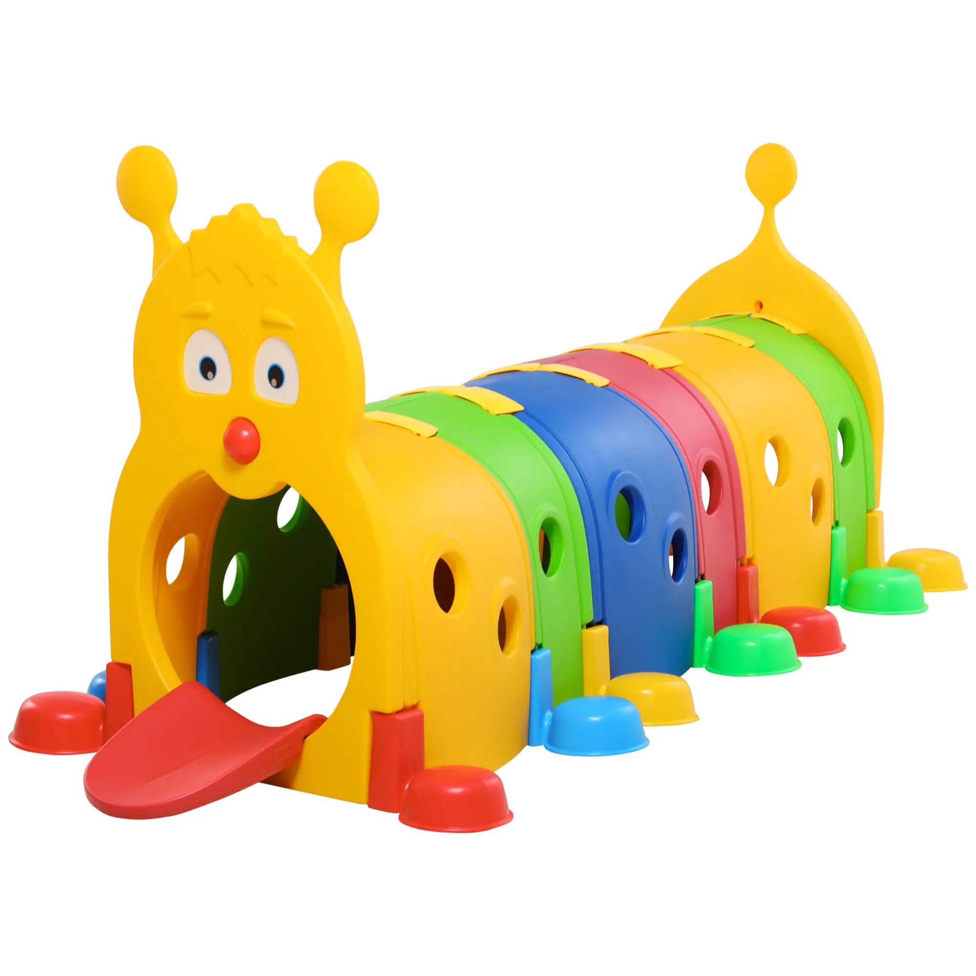 Colorful toy caterpillar with a slide on a white background