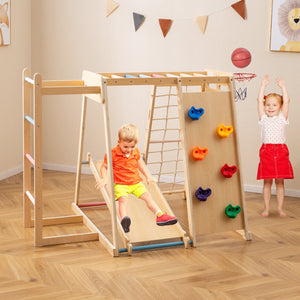 Front view of wooden indoor jungle gym for kids with multiple play activities