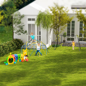 Children playing with colorful playground equipment in a backyard.