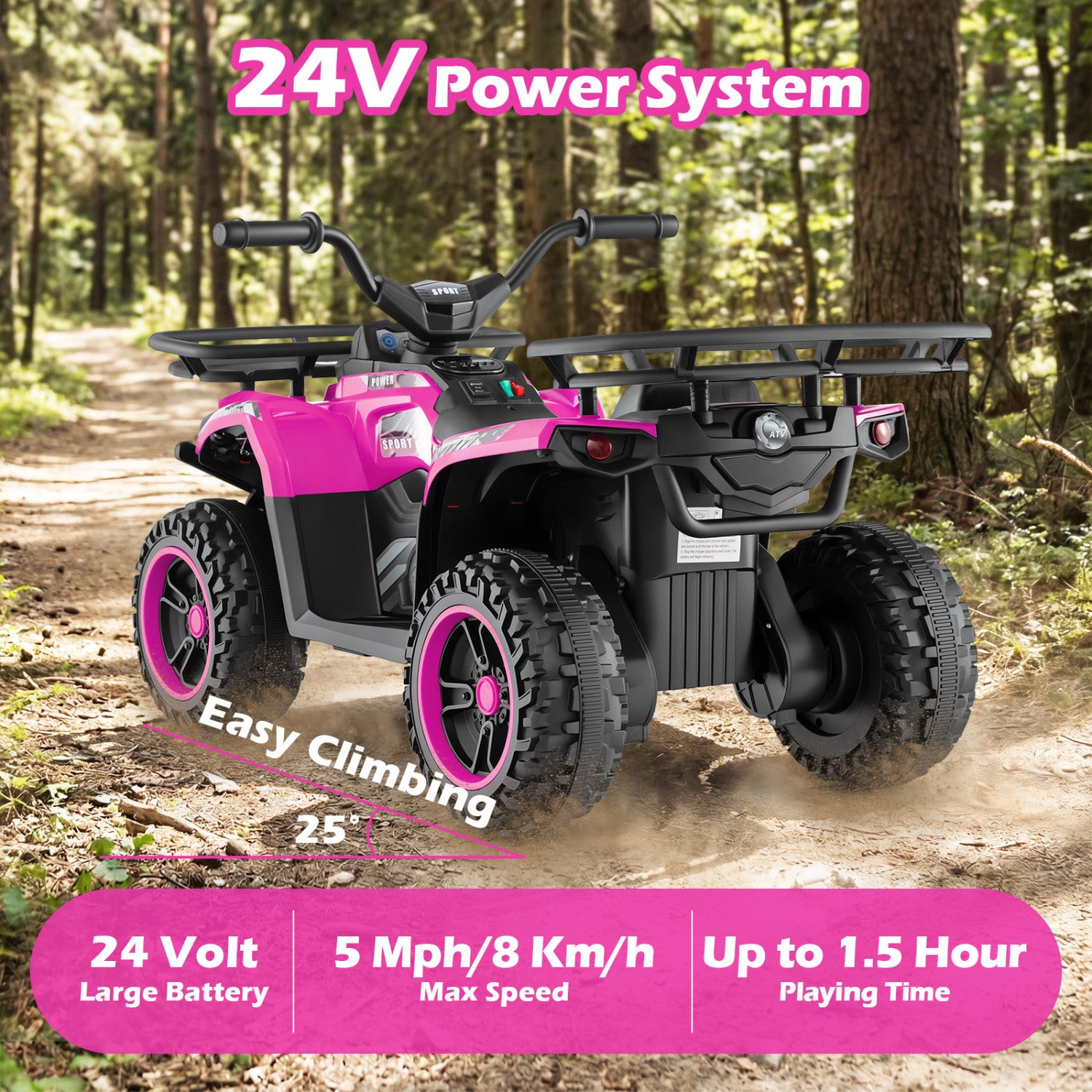 Pink and black ATV in a forest with 24V power system text and specifications.