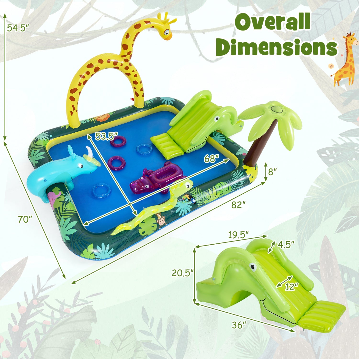 Inflatable play mat with dimensions labeled, featuring a giraffe and crocodile design.