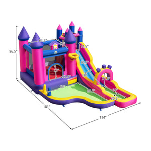 Colorful inflatable castle with dimensions on a white background