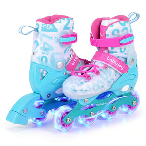 Pair of roller skates with blue and pink design on a white background