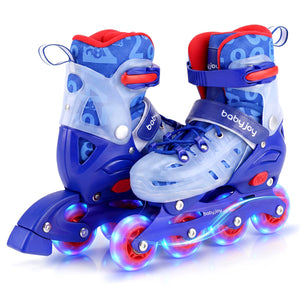Blue and red inline skates with LED lights on a white background