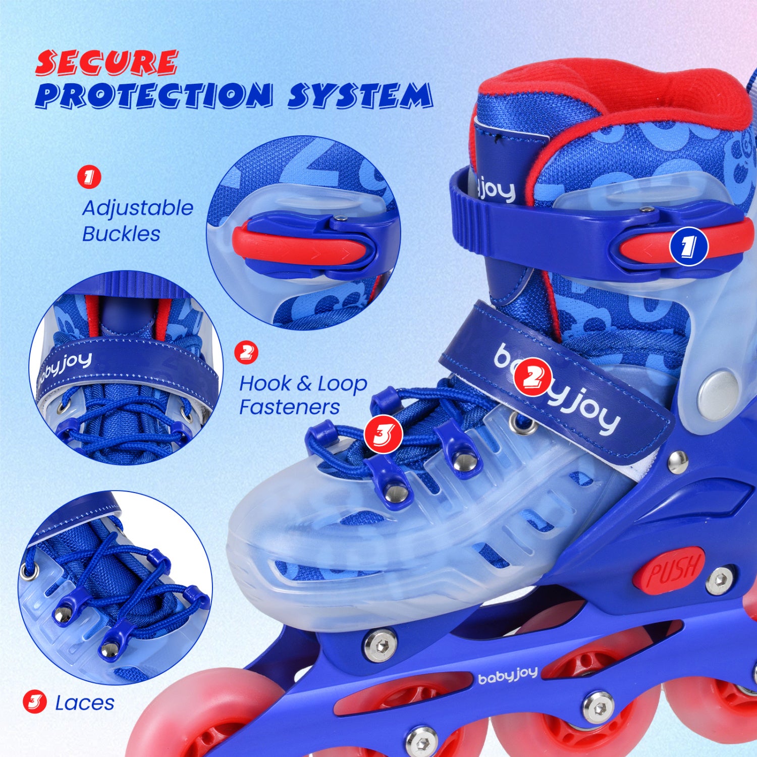 Blue and red roller skates with adjustable buckles, hook & loop fasteners, and laces on a light blue background.