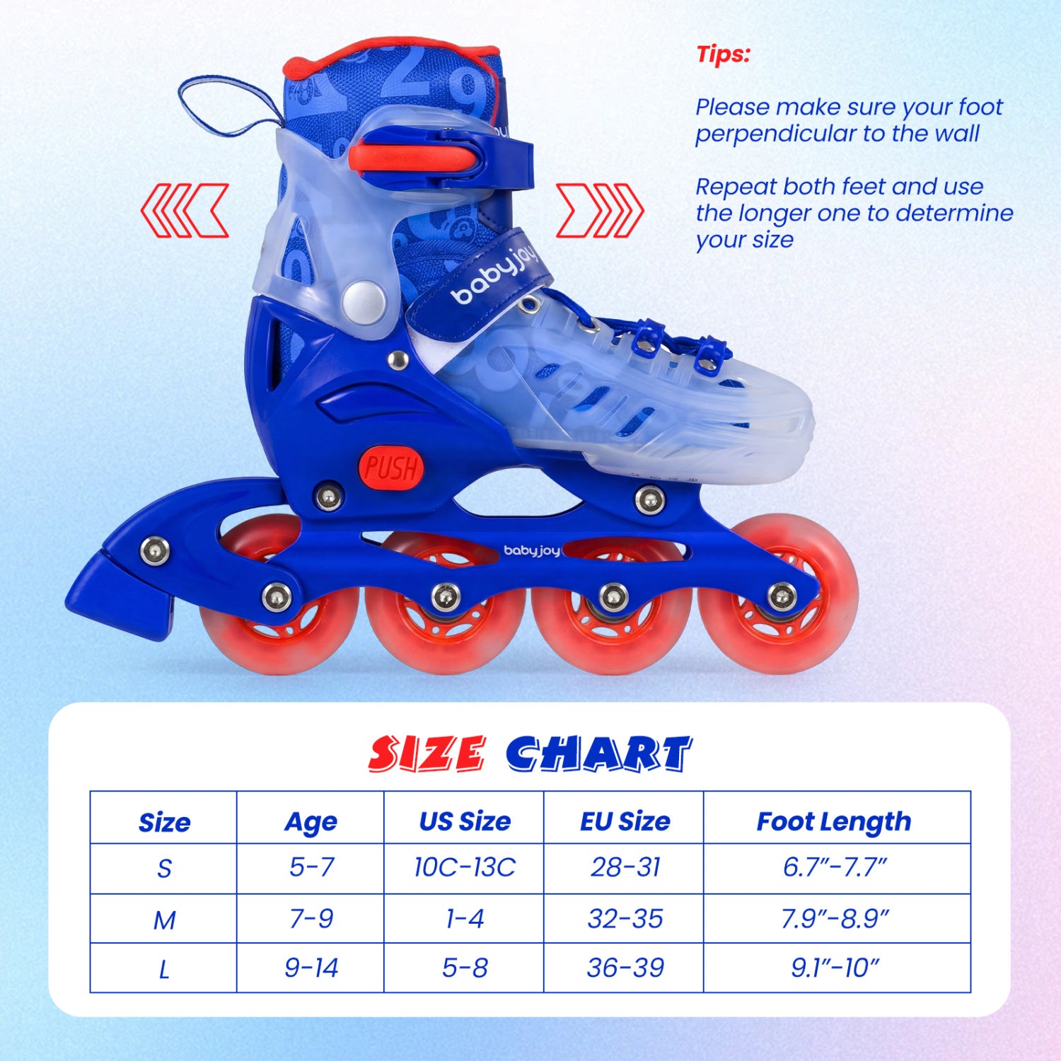 Blue and red inline skate with size chart on a light blue background