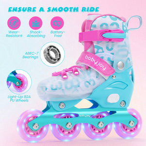 Light-up roller skates with pink and blue design on a light pink background