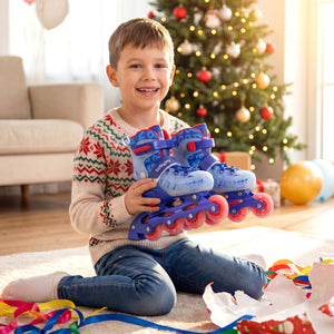 Child holding blue roller skates in a festive living room with a Christmas tree.
