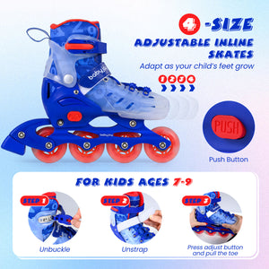 Blue adjustable inline skates with red accents on a light blue background, featuring text about size adaptability and age suitability.