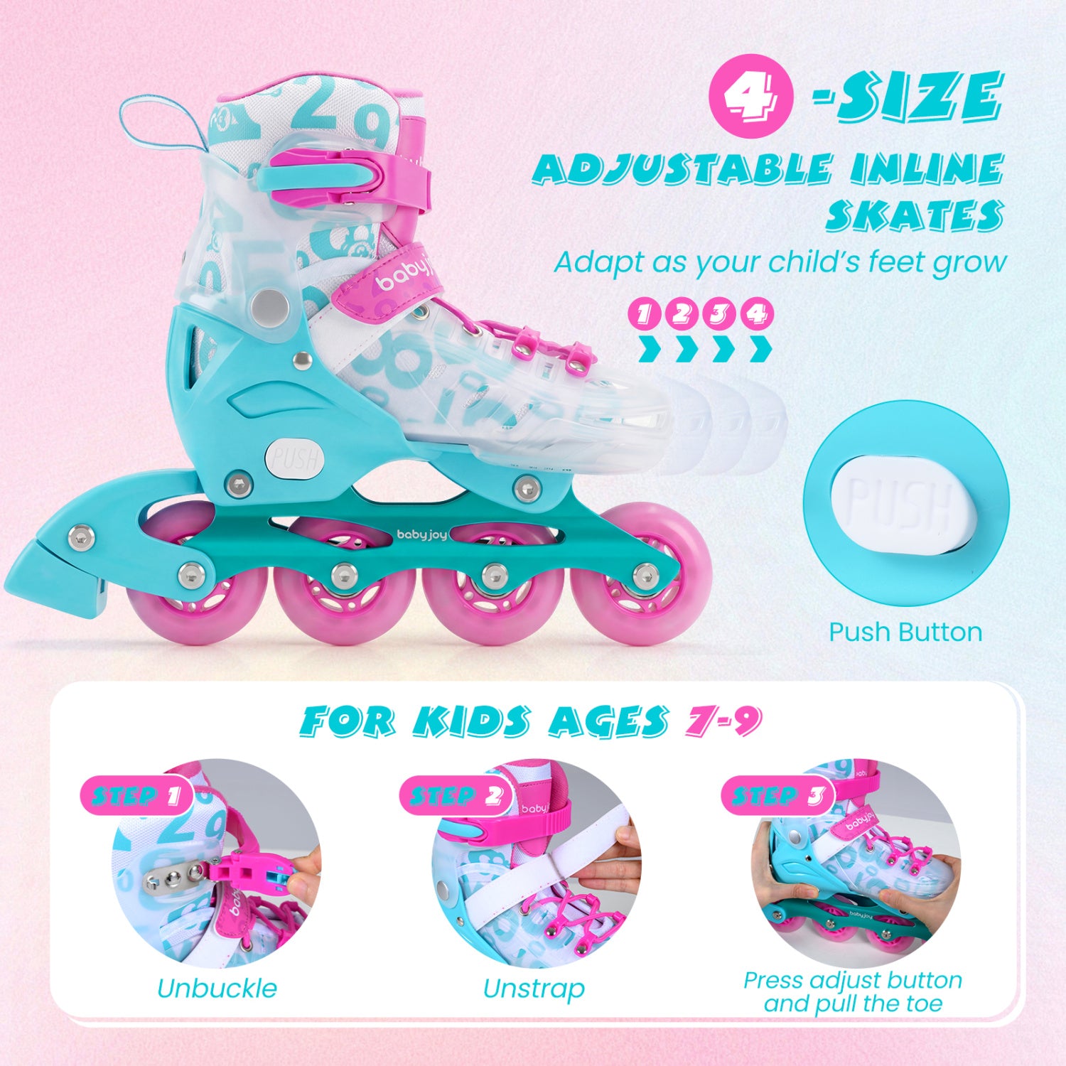 Adjustable inline skates for kids with size chart and features on a pink background