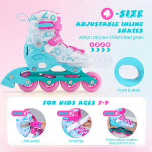 Adjustable inline skates for kids with size chart and features on a pink background