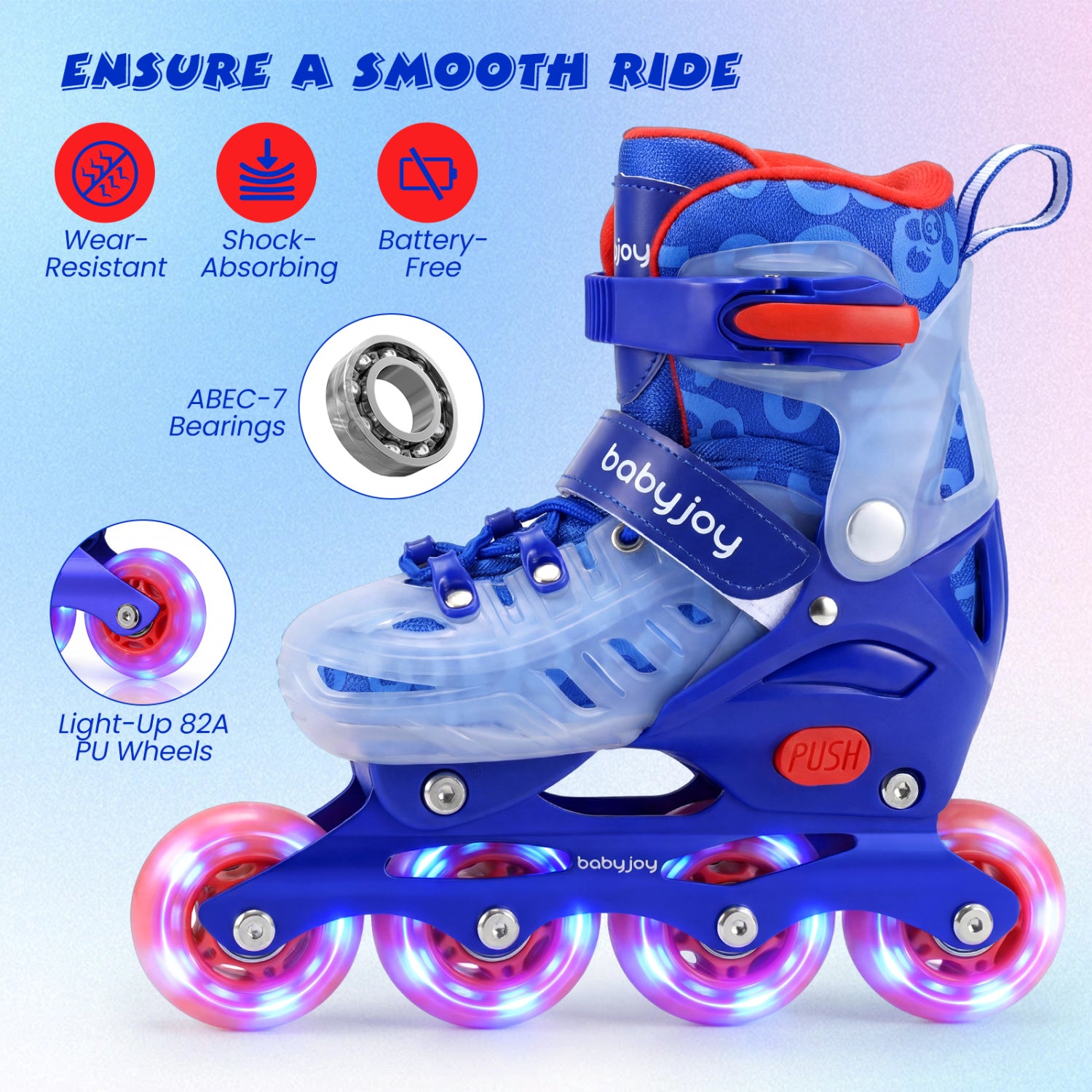 Blue roller skates with pink lights on a light blue background, featuring babyjoy branding.
