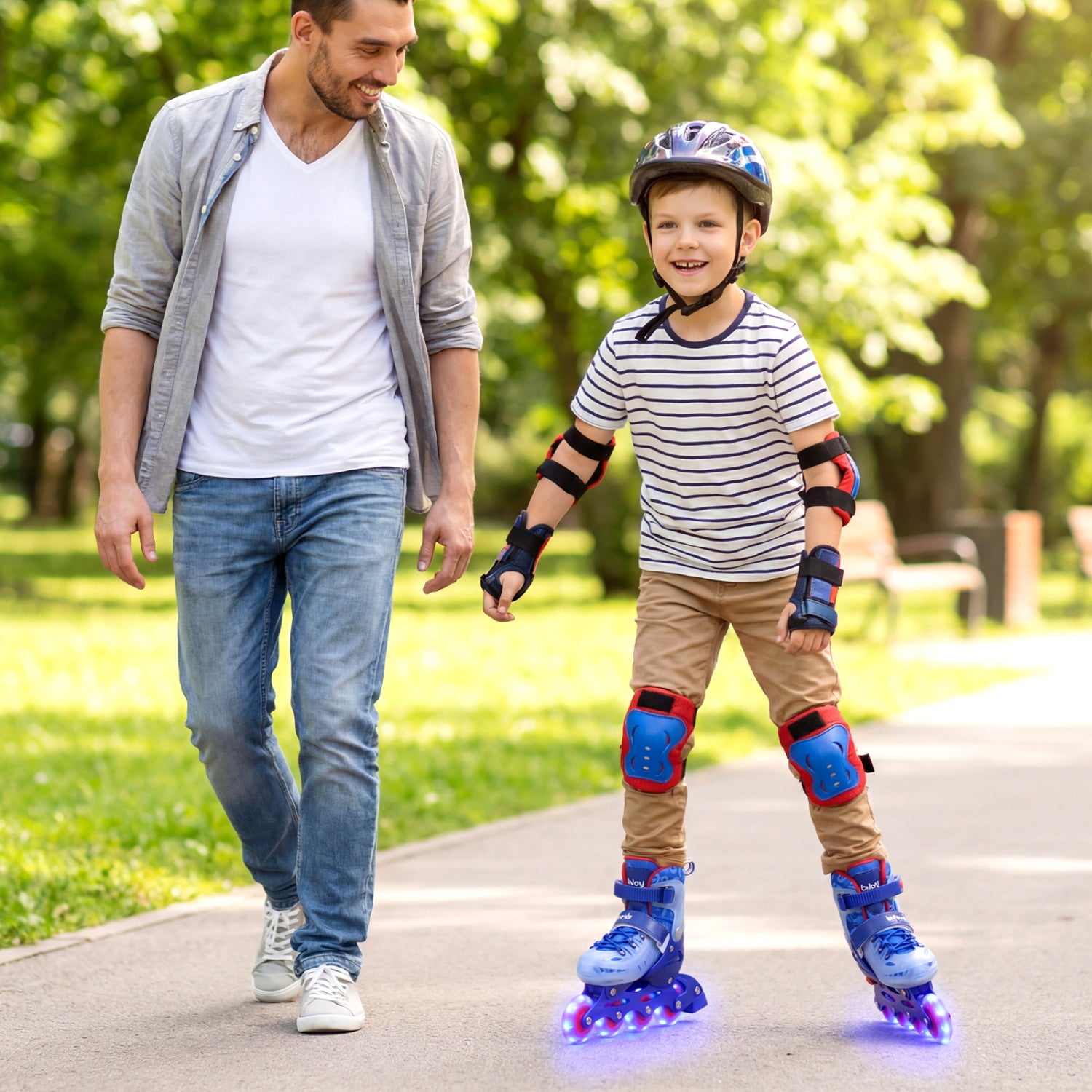Man walking with a child on roller skates in a park