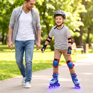 Man walking with a child on roller skates in a park