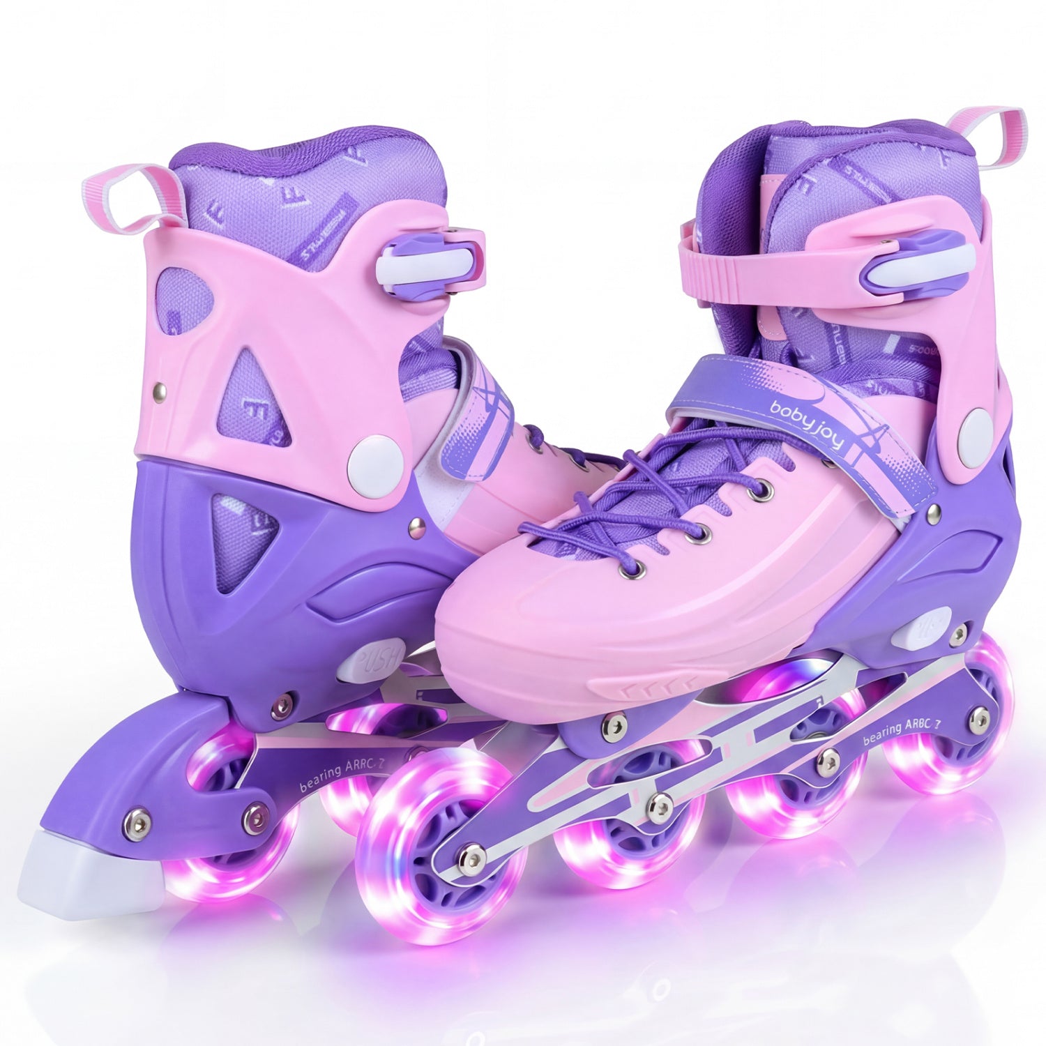 Purple and pink roller skates with LED lights on a white background