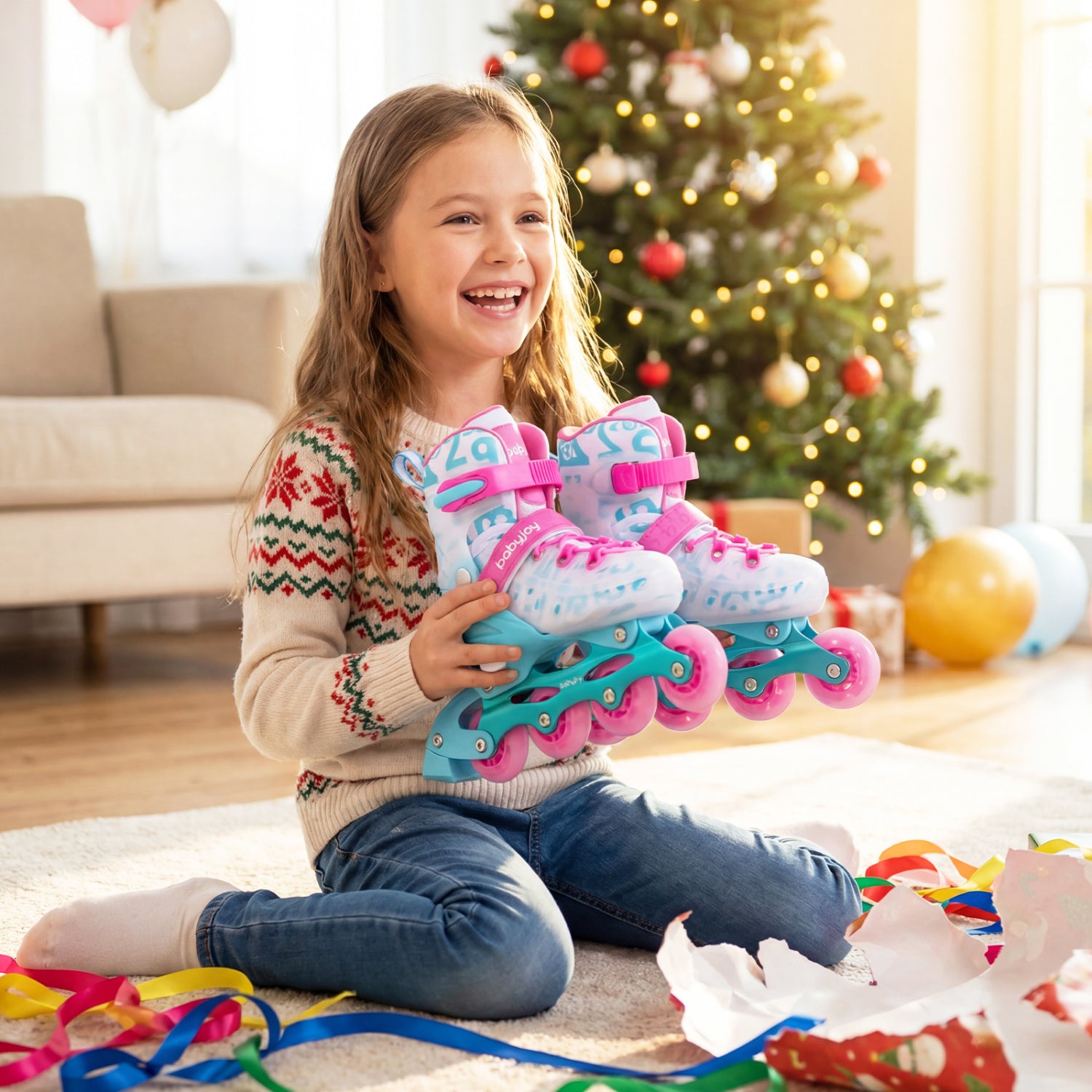 Child holding pink and blue roller skates in a festive living room with a Christmas tree.