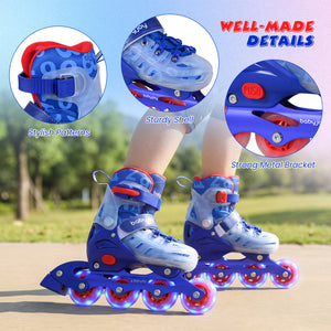 Children's blue and red inline skates with detailed features on a blurred outdoor background.