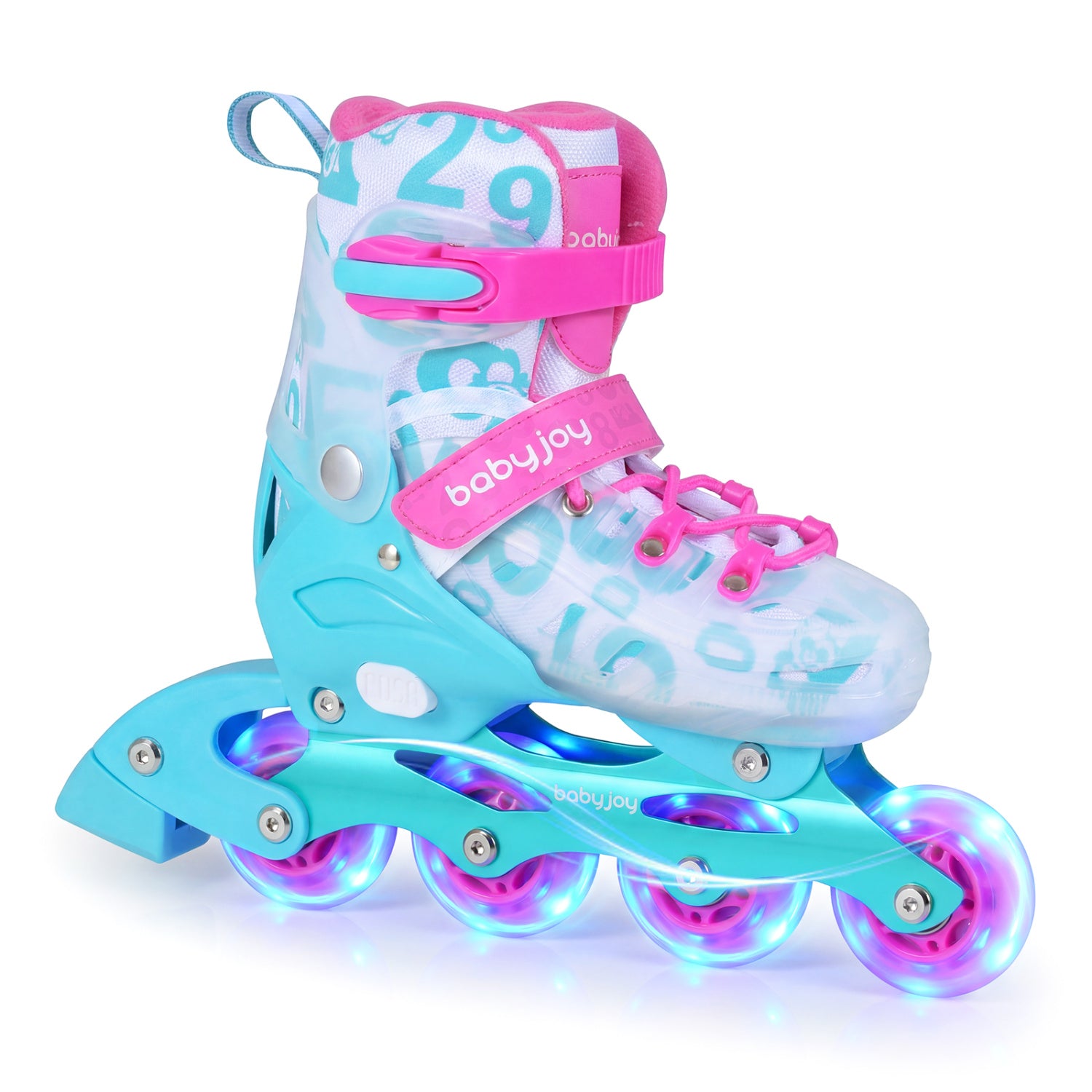 Children's roller skates with pink and blue design on a white background