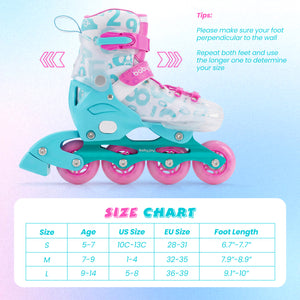 Children's roller skates with a size chart on a light blue background
