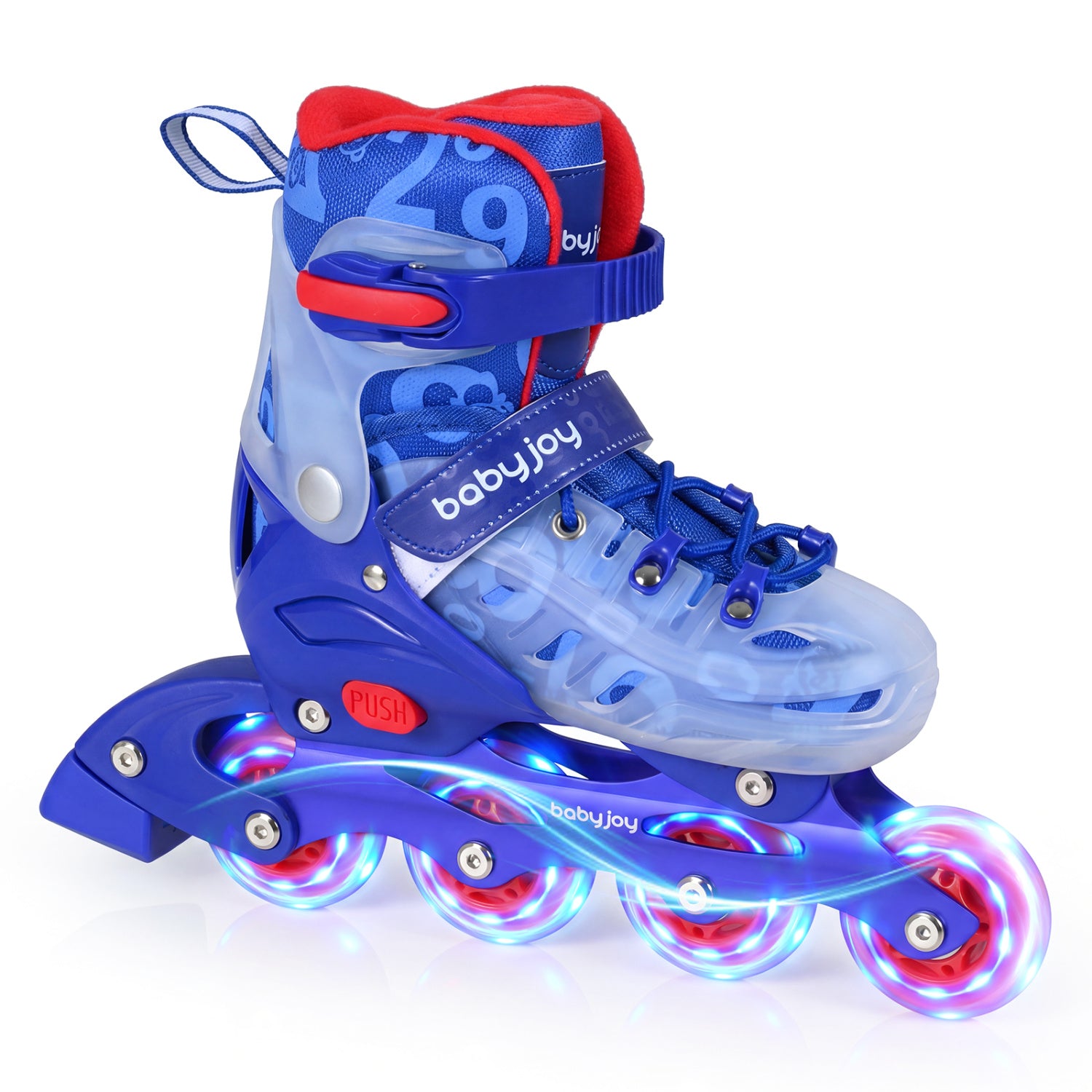 Blue and red inline skates with LED lights on a white background