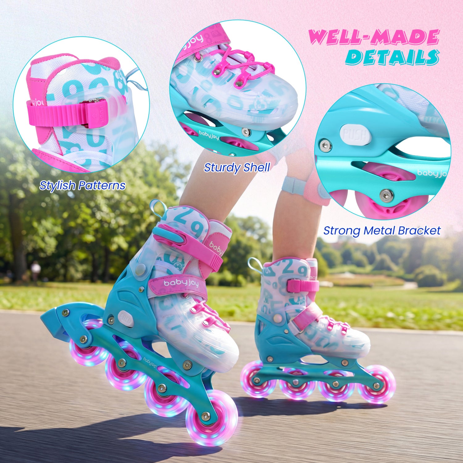 Children's roller skates with pink and blue design, featuring sturdiness and metal bracket details.