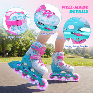 Children's roller skates with pink and blue design, featuring sturdiness and metal bracket details.