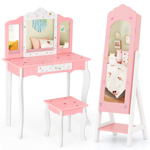 Pink and white children's vanity set with mirror and stool on a white background