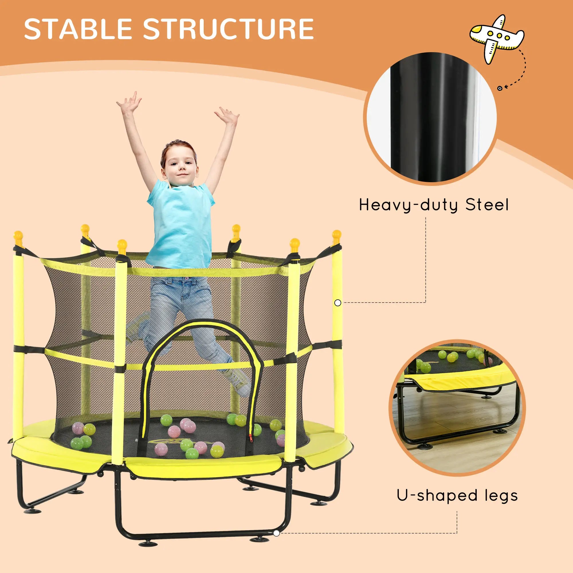 Yellow trampoline with safety net and colorful balls, featuring heavy-duty steel and U-shaped legs on a beige background.