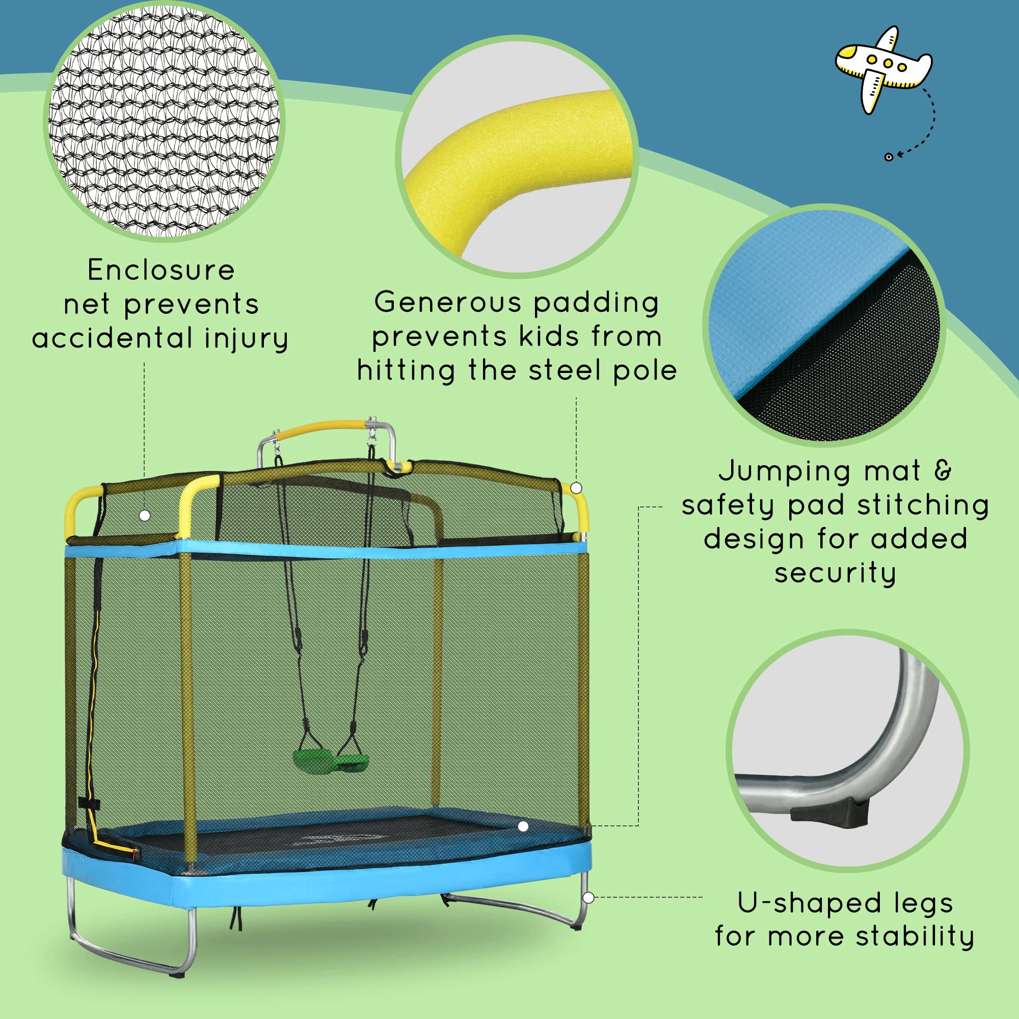 Trampoline with safety net and swing, featuring Spanish text on a green background