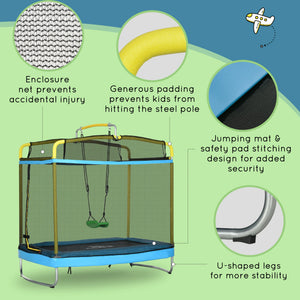 Trampoline with safety net and swing, featuring Spanish text on a green background