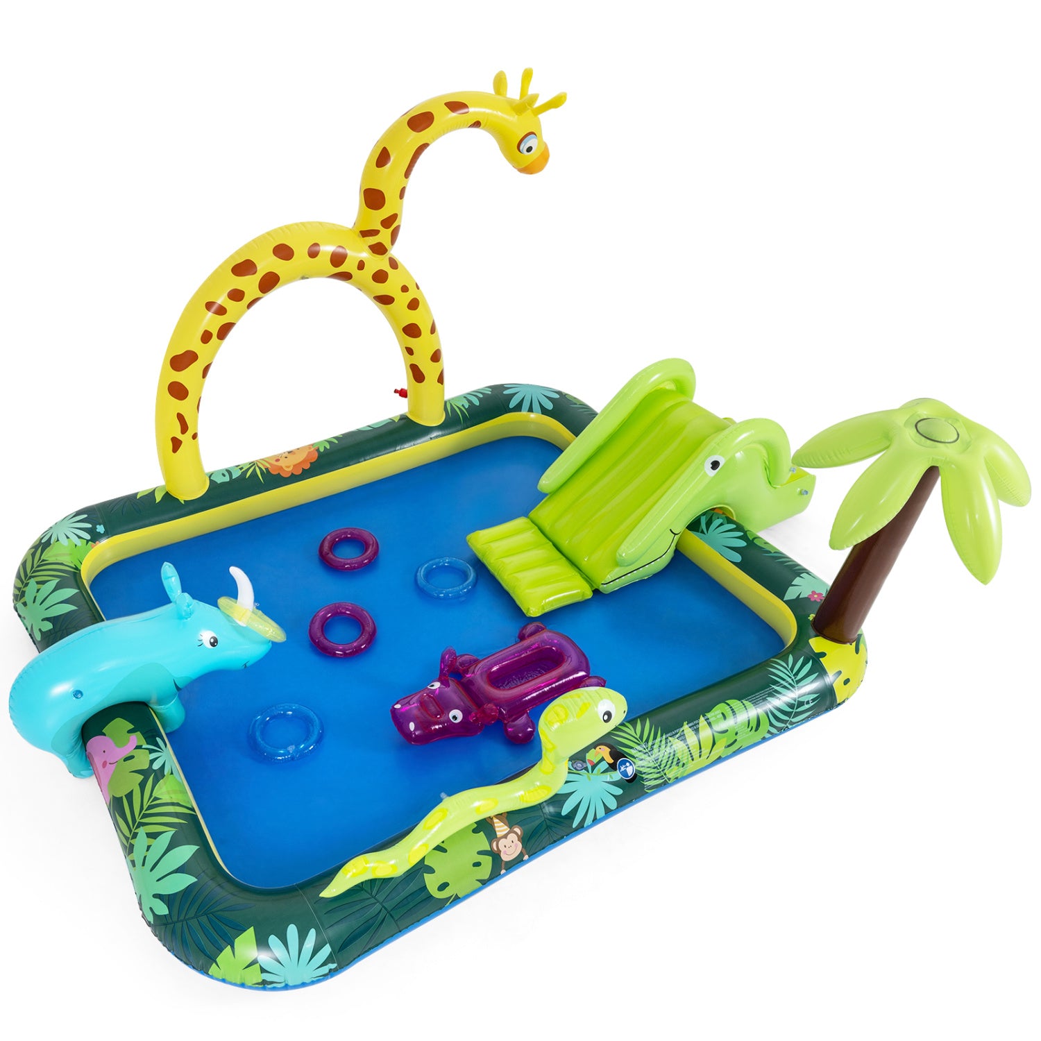 Children's inflatable play mat with animals and toys on a white background